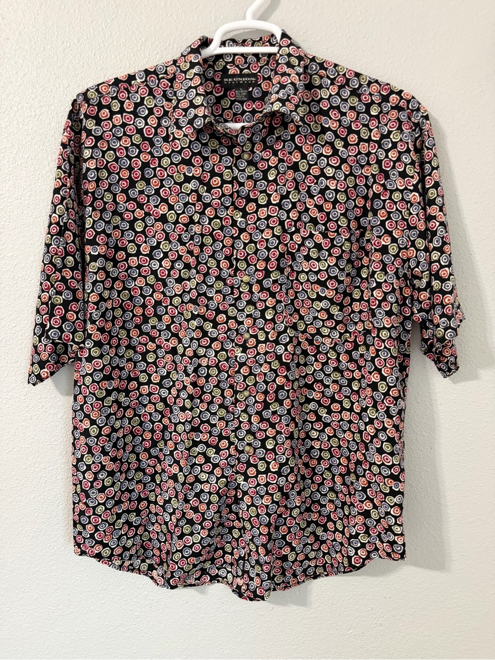 Vintage Reunion Menswear Rayon Linen Abstract Circle Print Button Down Shirt L